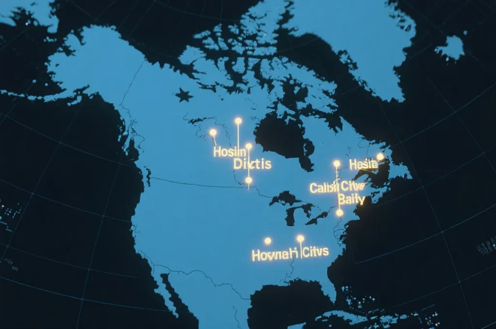 An abstract geographic map of North America with highlighted light points representing host cities, editorial style