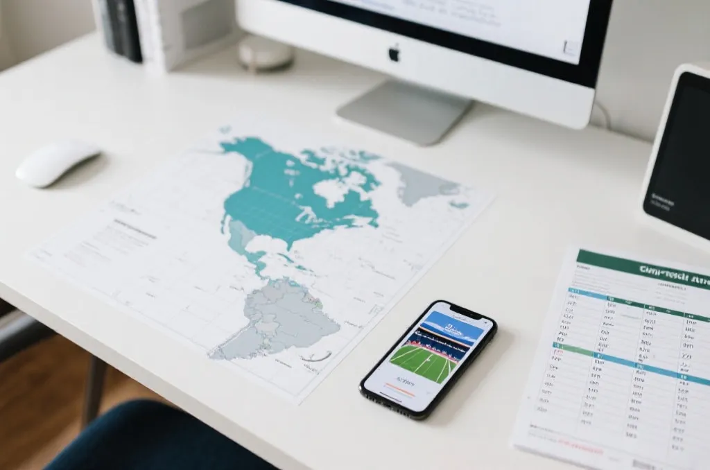 A clean travel planning desk with a map of North America, a generic sports match schedule, and a smartphone showing stadium graphics
