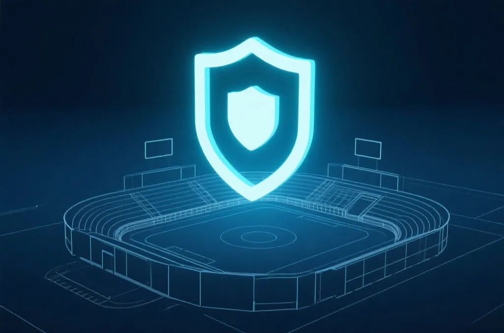 An abstract concept of digital security and ticket purchase safety, a glowing shield icon hovering over a clean minimalist sports arena blueprint, vector style elements, editorial background, no text, no brand logos